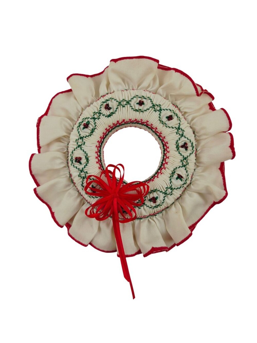 Vintage Hand Smocked Fabric Wreath Christmas Ornament Cream Fabric Red Bow